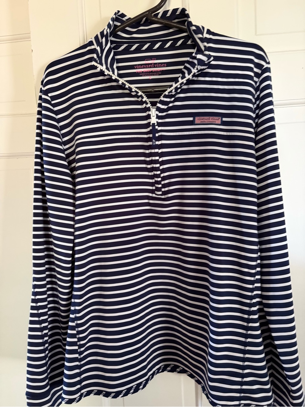 Vineyard Vines Navy and White Striped Quarter-Zip Pullover stretch Large
